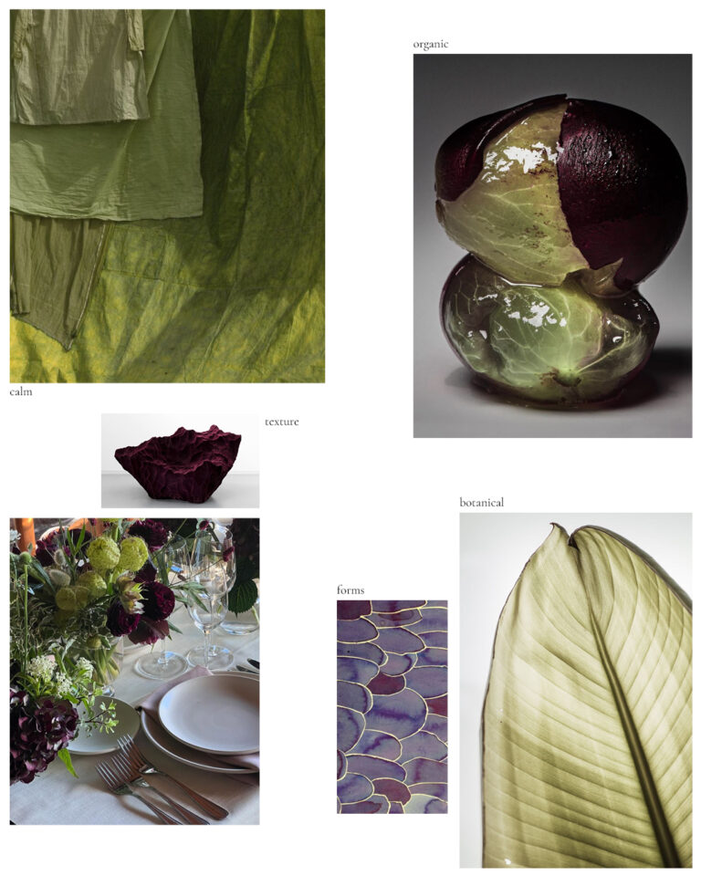 moodboard med røde og grønne farver, repræsenteret gennem billeder af mad, teksturer og interiør