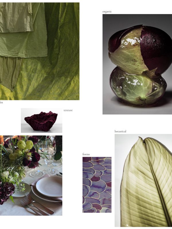 moodboard med røde og grønne farver, repræsenteret gennem billeder af mad, teksturer og interiør